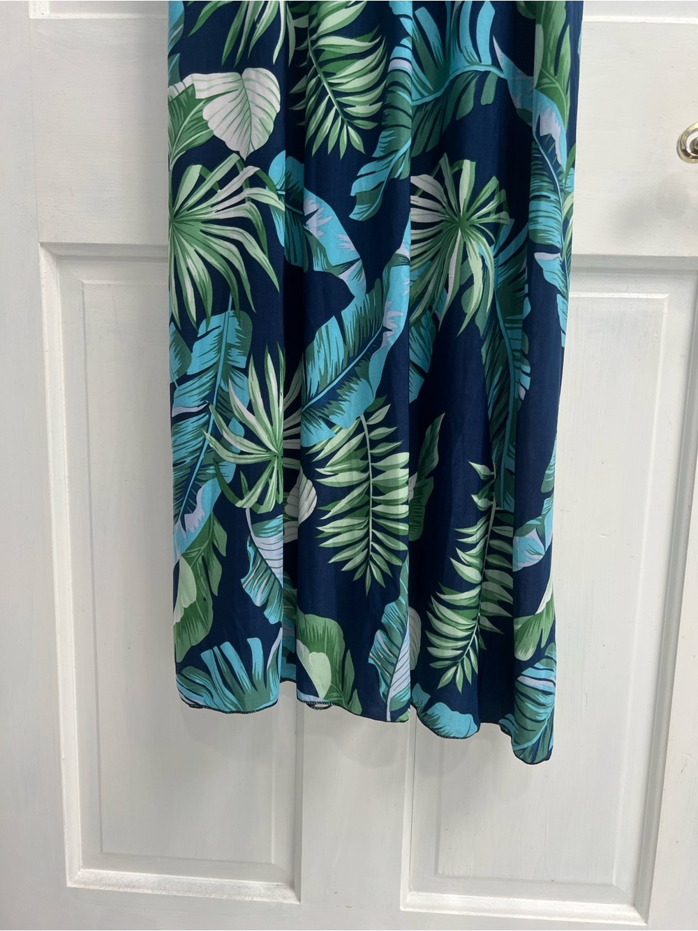 UNBRANDED Blue Green Palm Print Maxi Cold Shoulder Dress SIZE LARGE Pre Loved - Picture 2 of 6